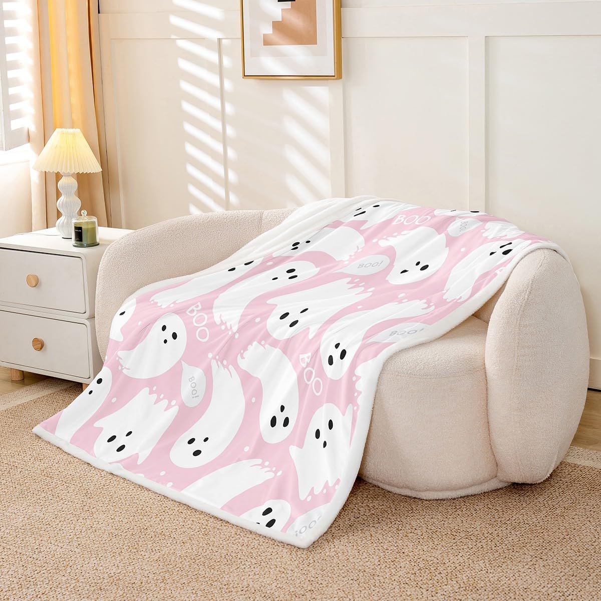 Pink Halloween Sherpa Blanket Throw 50"x60" Cartoon Pink Ghost Fleece Throw Blanket for Bed Sofa Couch Kids Kawaii Cute Plush Blanket Bedroom