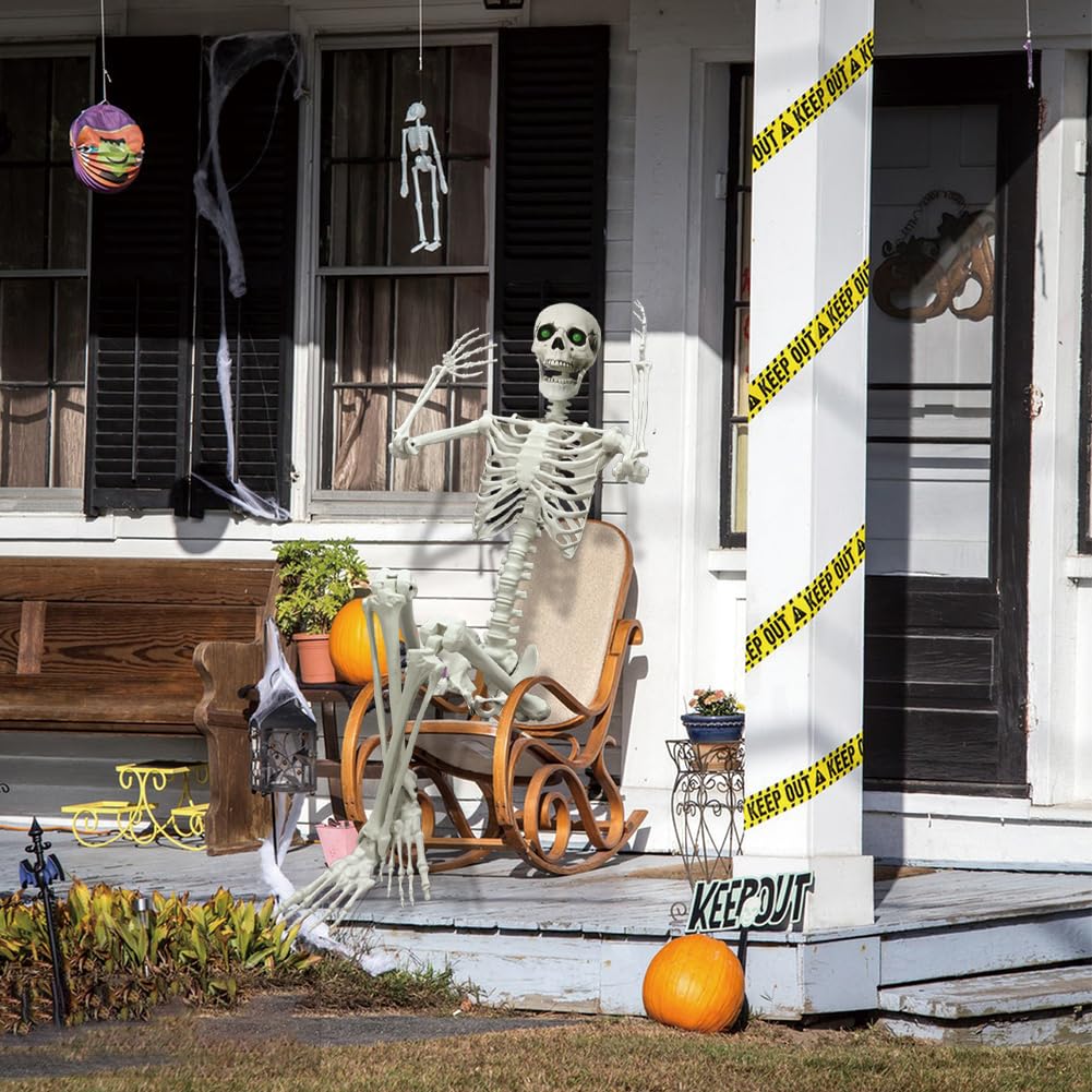 6Ft Halloween Skeleton, Posable Life Size Skeleton with Glowing Eyes Creepy Sound, Plastic Skeletons with Movable Joints for Graveyard Prop, Indoor Outdoor Haunted House Party Decor