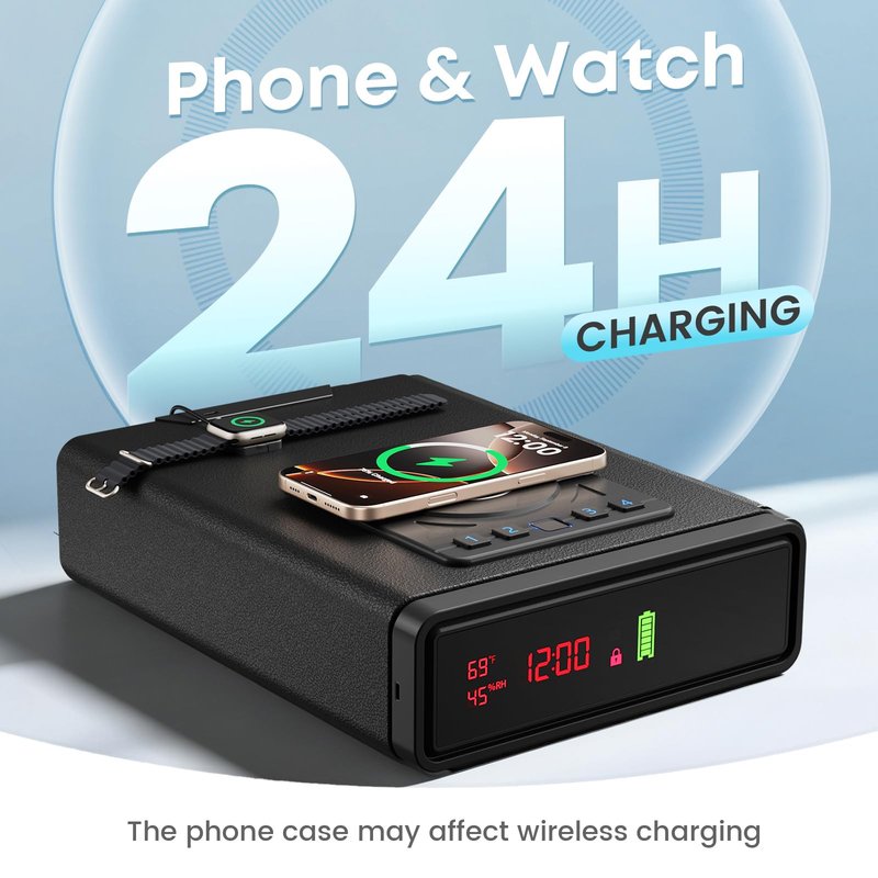 Biometric Fingerprint Gun Safe with Phone & Watch Wireless Charging, 3 Quick Access, Clock Handgun Safe with Adjustable Brightness, Backlit Keypad, Pistol safe for home, office.