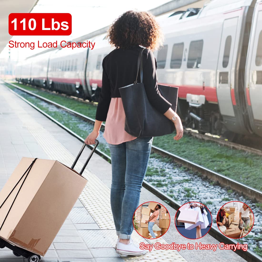 Folding Hand Truck 110lbs, 2+2 Wheel System - 2 Rotating & 2 Stabilizer Wheels Dolly Cart with Elastic Rope & Storage Bag, Adjustable 3-Level Handle for Shopping, Travel, Office, Home Use