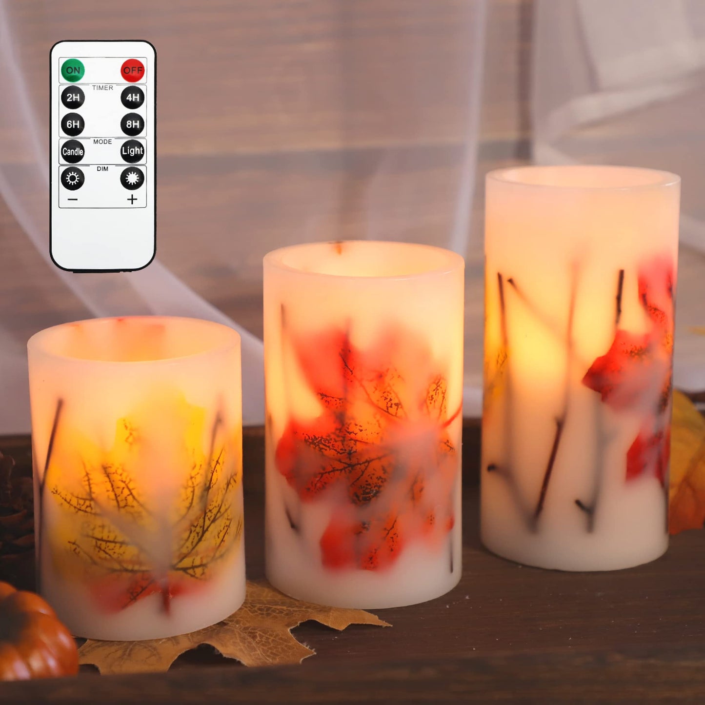 Crystal Club Fall Flameless Candles with Remote and Timer, Autumn Maple Leaves Battery Operated Candles Flickering LED Pillar Candles for Autumn Harvest Halloween Thanksgiving Decor