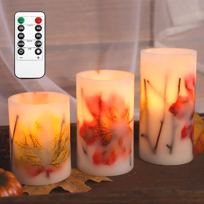 Crystal Club Fall Flameless Candles with Remote and Timer, Autumn Maple Leaves Battery Operated Candles Flickering LED Pillar Candles for Autumn Harvest Halloween Thanksgiving Decor