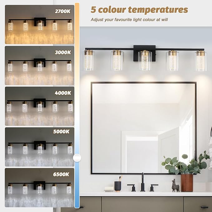 5-Light Black Bathroom Light Fixture, Dimmable 5CCT Black and Gold Bathroom Vanity Lights, 2700K-6500K Modern Crystal Bubble LED Wall Sconce Over Mirror with Clear Glass