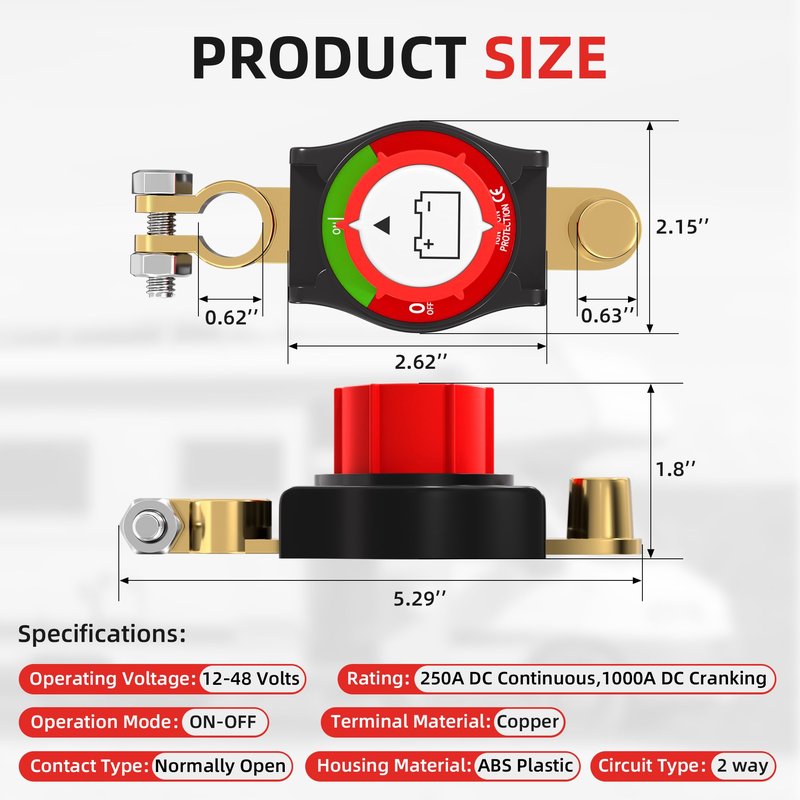 Joinfworld Top Post Battery Disconnect Switch 12V-48V Battery Kill Switch Negative On/Off Battery Switch for Cars, Vehicles, RVs and Boats