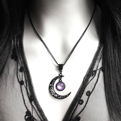 Rrdaily Gothic Moon Crystal Necklace Punk Style Moon Pendant Necklaces Vintage Black Crescent Necklaces Dark Gothic Necklace Halloween Costume Jewelry Chirstmas New Year Jewelry for Women (Purple)