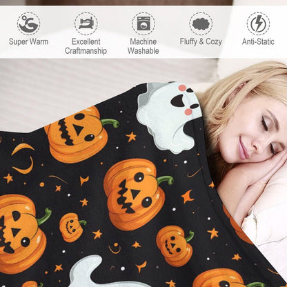 Flannel Fleece Blanket, Throw Soft Warm Fluffy Plush Blanket, Spider Webs Witch's Hat Black Bats and Decorated Pumpkins Print on Bed Couch Chair Living Room(40 * 30in,Halloween Happy)
