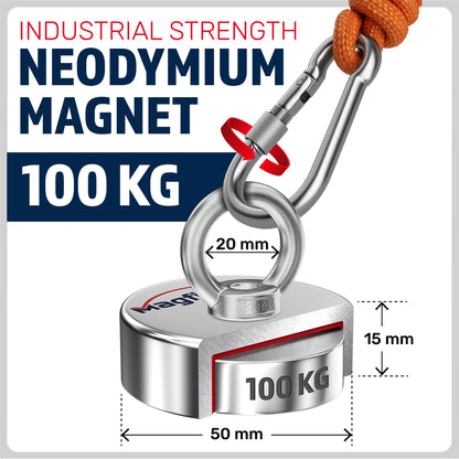 MAGFISHION Magnet Fishing Kit - 100 KG (220lb) - Ø50mm - Super Strong Neodymium Magnet with Rope (20M), Carabiner, Gloves, Threadlocker - Magnetic Fishing Magnets