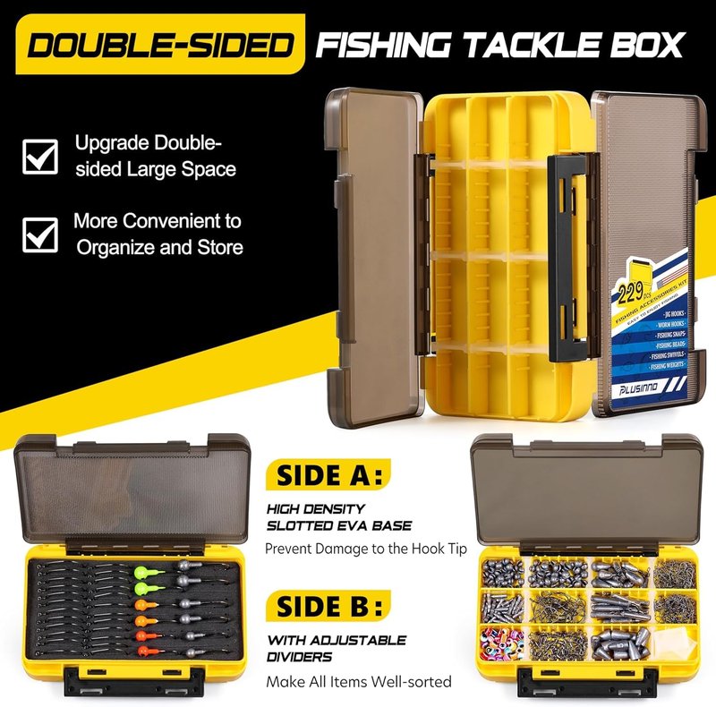 PLUSINNO 229PCS Fishing Accessories Kit with Double-Side Fishing Tackle Box, Abundant Fishing Gear Include Fishing Hooks Jig Head Weights Sinkers, Fishing Equipment for Trout Bass Crappie