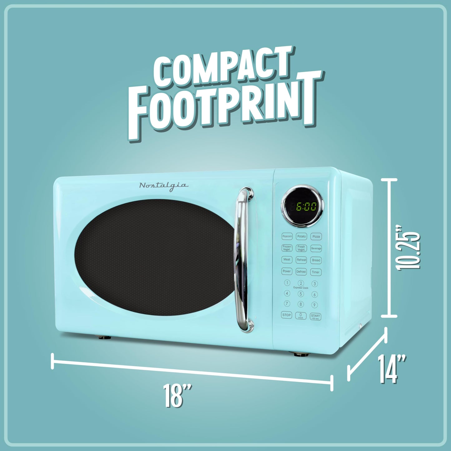 Nostalgia Retro Microwave Oven - 0.7 Cu Ft, 700-Watt Countertop Size with Glass Turntable, Child Safety Lock, 8 Auto-Cook Programs, Digital Clock - Aqua
