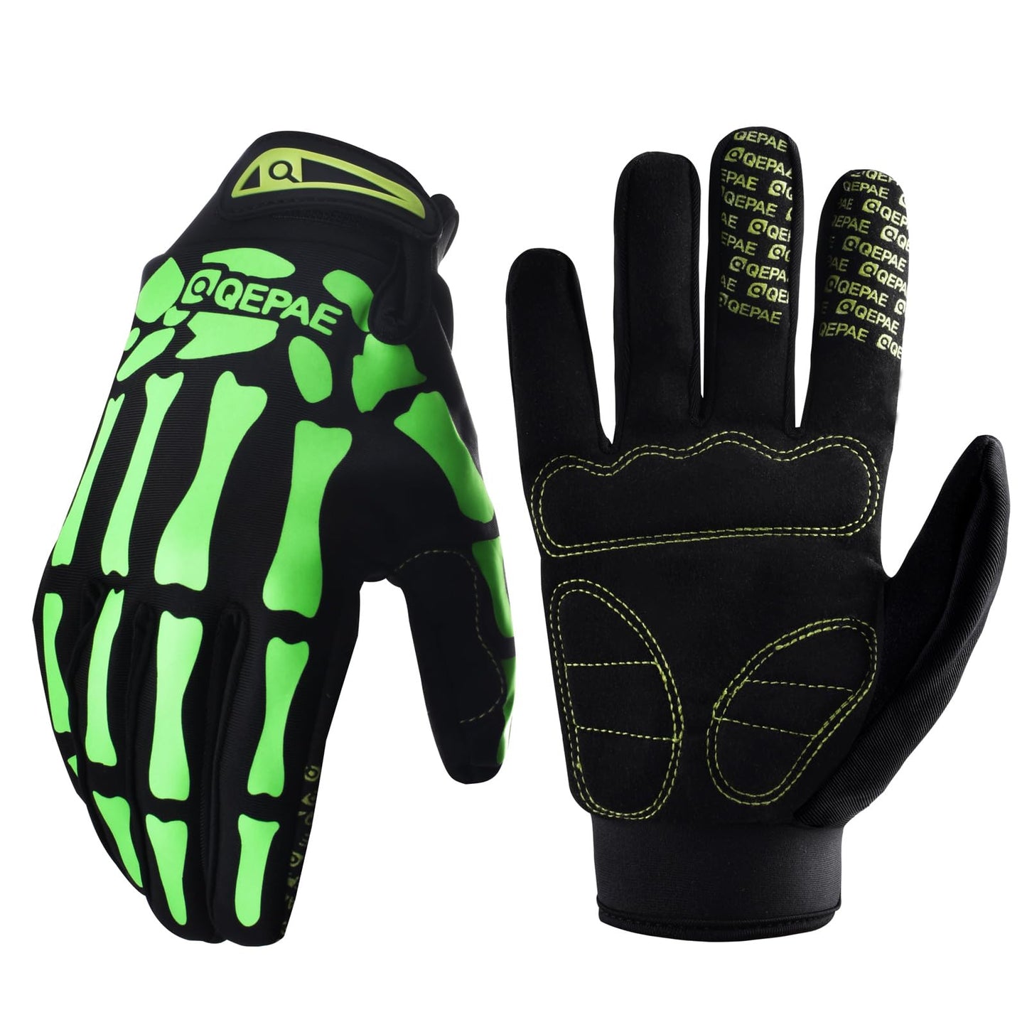 Azarxis Skeleton Gloves Reflective for Men Women, Skull Gloves Glow in The Dark Anti Slip for Cycling Motocycling Halloween Cosplay Party Thanksgiving Christmas (Green - Glow in The Dark, Medium)