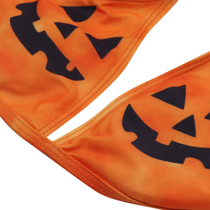 ANKOMINA Women Gothic Skull Letter Printed Two Piece Swimsuit High Cut Triangle Bikini Set for Rave Party Festival Halloween Orange