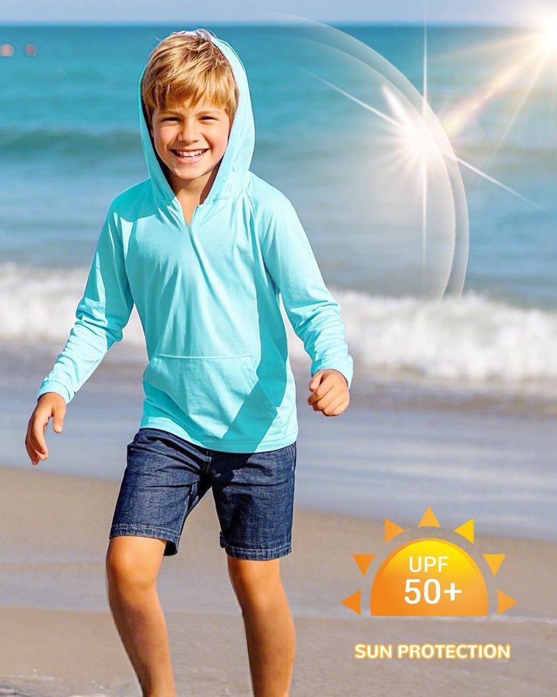 Poekuao Rash Guard for Boys Long Sleeve Hoodie Quick Dry Swim Shirt Youth UPF 50+ Sun Protection Fishing Shirts with Pocket Water Blue M