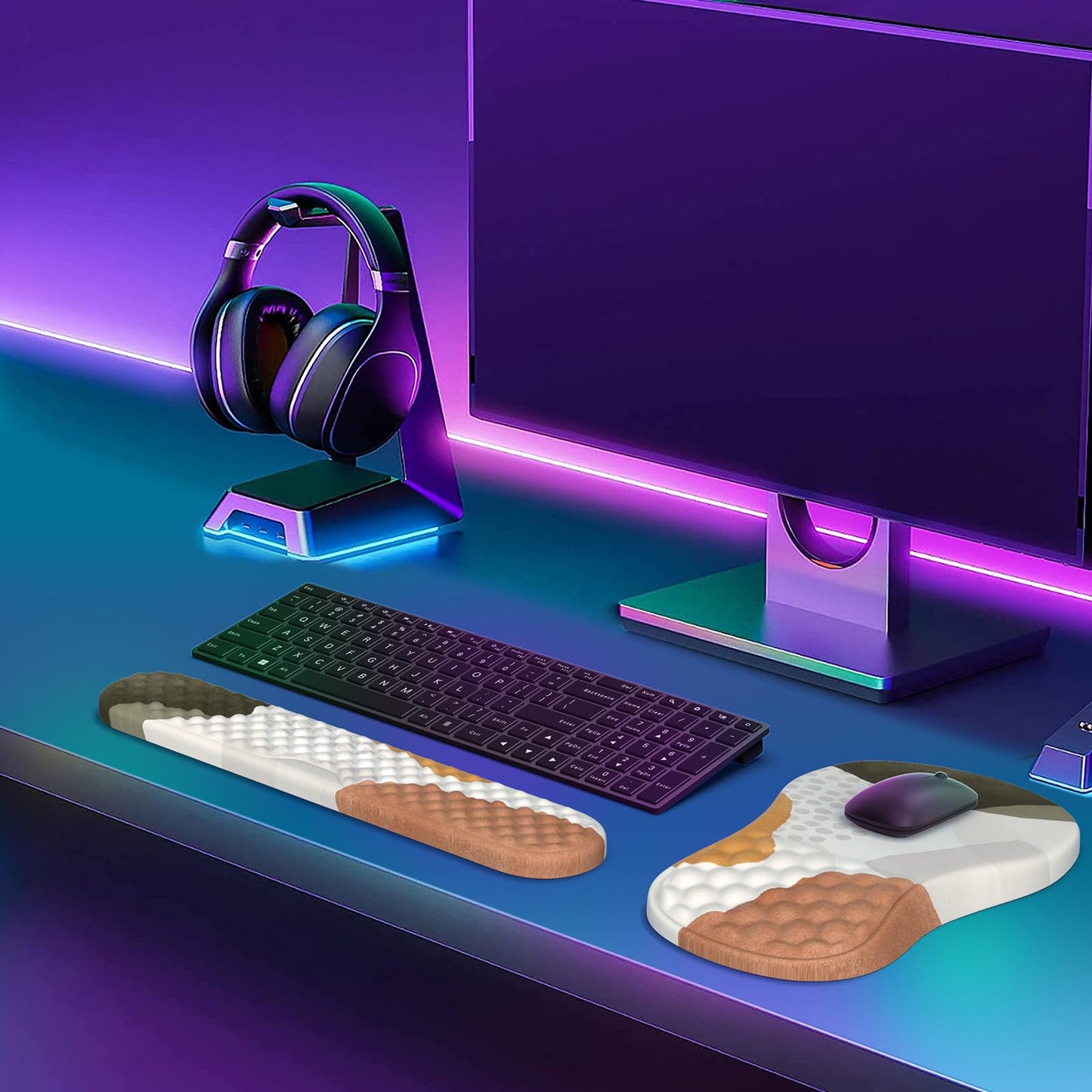 HAOCOO Ergonomic Mouse Pad with Wrist Rest and Keyboard Wrist Rest, 3 PCS Computer Carpal Tunnel Mouse Pads for Desk with Coaster Set, Memory Foam Keyboard Wrist Support for Laptop Office, Boho Beige