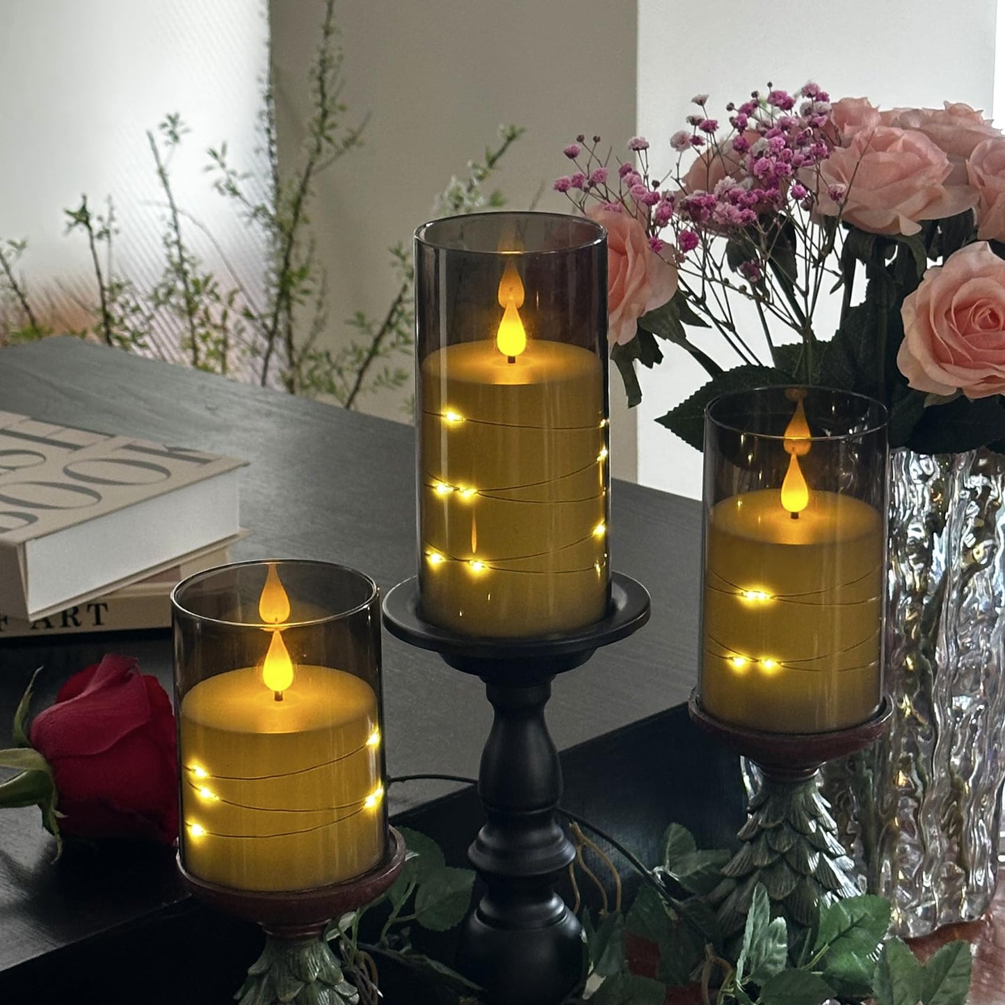 Kiexung Flameless Candle with String Light, Battery Powered Candle, Recessed String LED Candle, Indestructible Plexiglass Candles with Remote Control, Set of 3, Gray