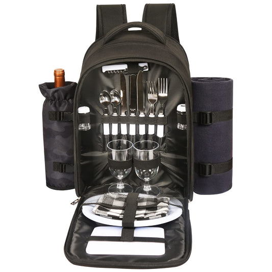Hap Tim Picnic Backpack for 2 Person with Insulated Cooler Compartment,Wine Holder,Fleece Blanket,Cutlery Set, Engagement Gifts for Couples, Dark Grey（3065-DG）