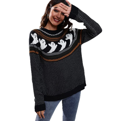 JUNBOON Women Vintage Polka Dot Halloween Knitted Sweater Long Sleeve Crewneck Cute Ghost Pattern Streetwear Jumper