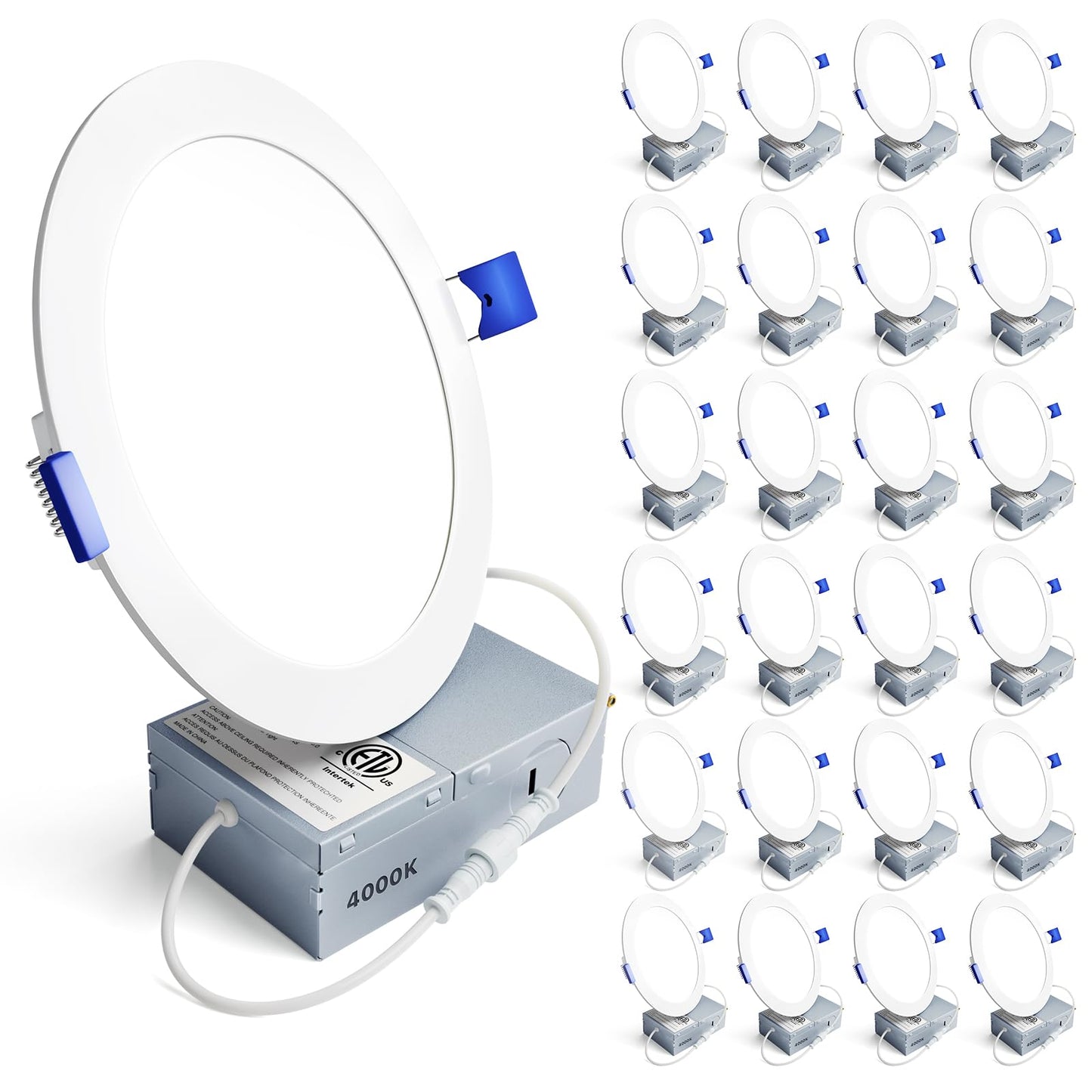 Ensenior 24 Pack 6 Inch LED Recessed Ceiling Light, Dimmable, 4000K Cool White, 1050LM 12W 120V, High Brightness Canless Wafer Downlight - ETL&FCC&IC