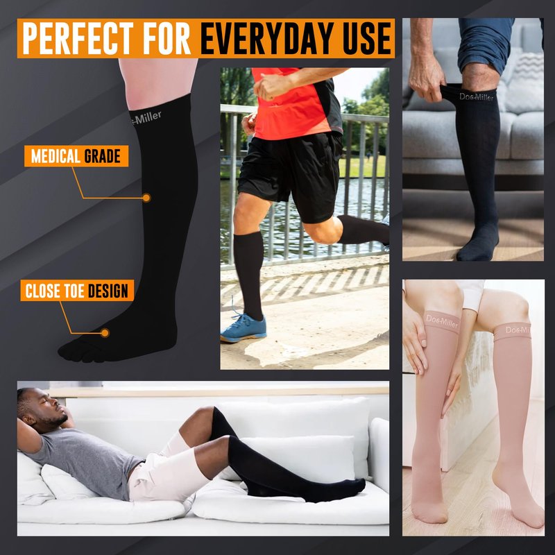 Doc Miller - Compression Socks for Women & Men - 8-15 mmHg Knee High, Medical Grade Support - Best for Sport, Travel, Nurse, Pregnancy, Circulation & Varicose Veins - 2X-Large Size, Black, 1 Pair