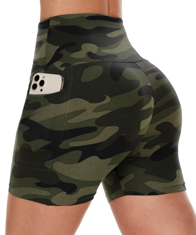 CAMPSNAIL Biker Shorts Women with Pockets - 3"/5"/8" High Waisted Workout Spandex Tummy Control Gym Running Yoga Shorts Green Camo