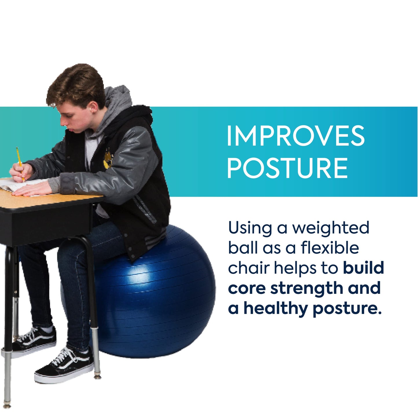 Bouncyband Large Balance Ball, Dark Blue – Create Flexible Seating to Improve Focus in The School, Office, or Home with This No-Roll Weighted Ball – 25.5” (65cm) for People Over 5’6 Tall