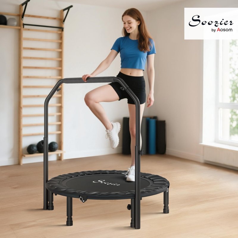 Soozier 40" Foldable Mini Trampoline, Rebounder Trampoline for Adults with Adjustable Foam Handle and Resistance Bands, Fitness Rebounder for Indoor Outdoor Workout, Max Load 330 lbs, Black
