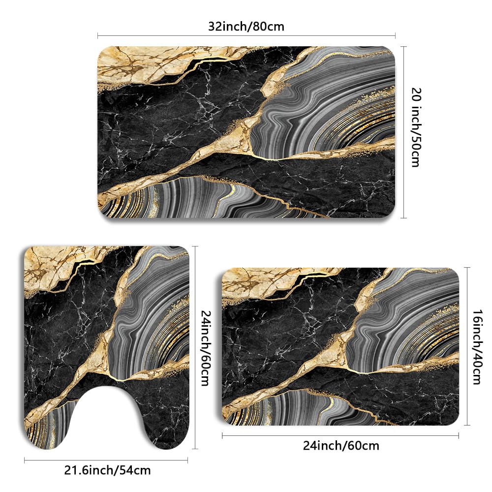 MUGINYU Black and Gold Rug for Bathroom Decor,Black and Gold Bathroom Rugs Sets 3 Piece,Marble Decor Thin Rubber Diatomaceous Earth Quick Dry Rugs with U-Shaped Contour Toilet Mat