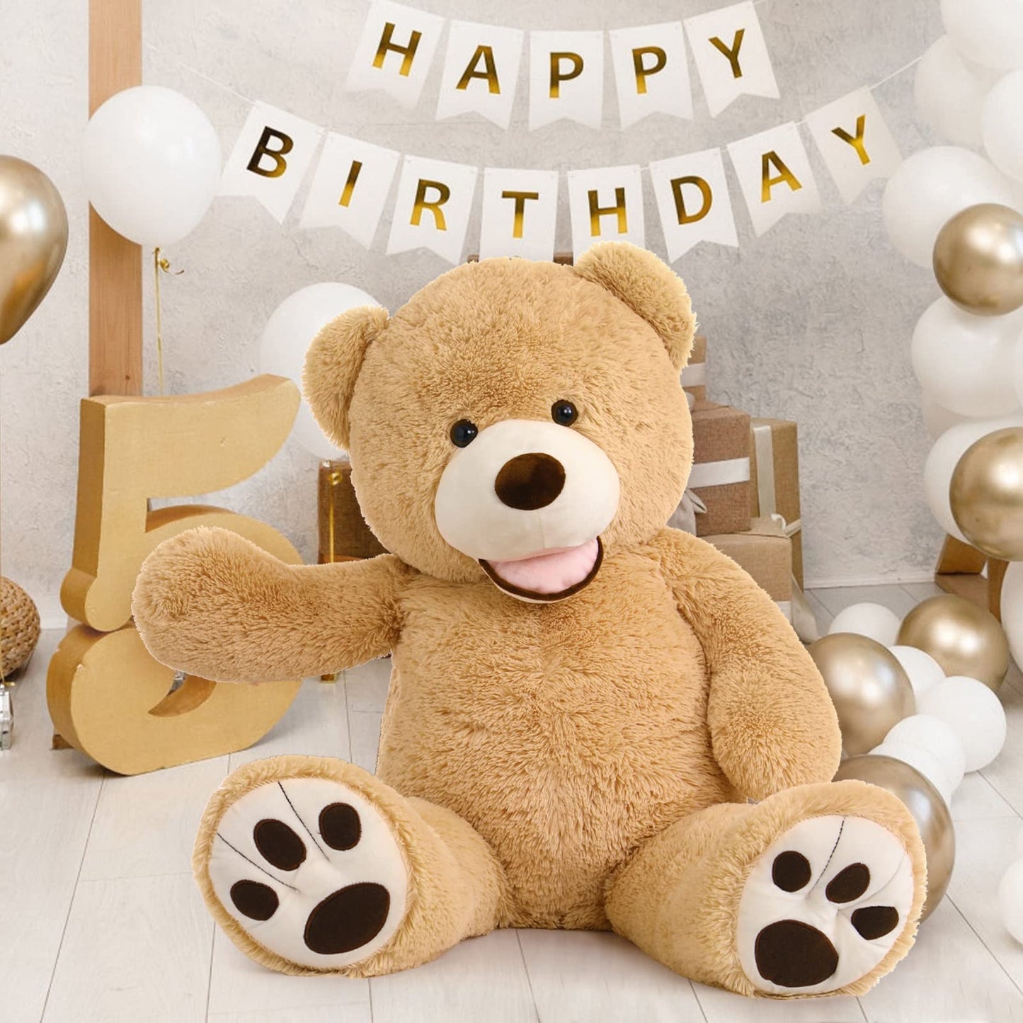 MorisMos Smiling Giant Teddy Bear, 39inch Large Stuffed Animal Bears with Big Footprints Plush, Kids Girlfriend Boyfriend Gift, Light Brown
