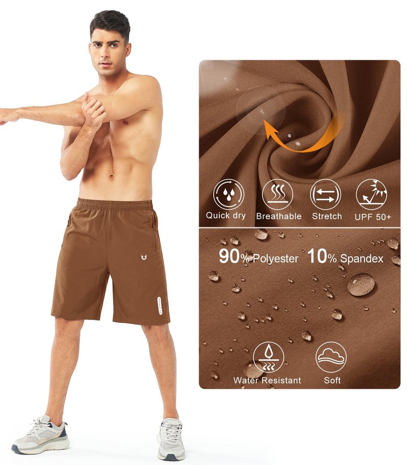 NORTHYARD Men's Athletic Running Shorts Gym Workout 7"/9"/5" Quick Dry Lightweight Sports Basketball Tennis 3 Zipper Pockets BROWN-9inch XL