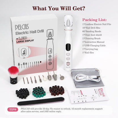 PELCAS Electric Nail Grinder, 10 Speeds Cordless Nail Drill with LED Light, Portable Manicure and Pedicure Kit, Nail File with LCD Screen for Human, Pet, Thick Toenails, Natural & Acrylic Nails Grey