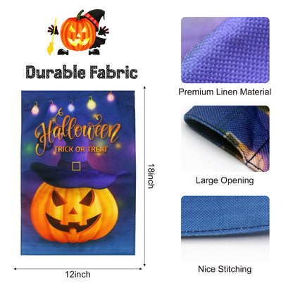 JUSHEN Halloween LED Lighted Garden Flag, Double Sided Solar Lighted Garden Flag, Vertical Halloween Pumpkin Lantern House Flag for Outdoor Yard Garden Decoration(12x18 Inch)