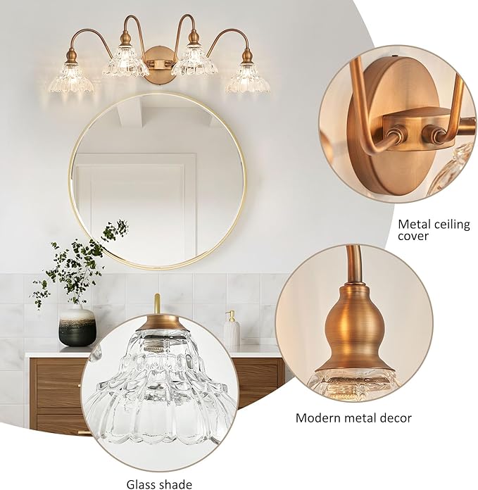 Vintage 4-Light Brass Bathroom Vanity Light Fixtures, Wall Sconces Vanity Lighting Fixture for Bedroom Bathroom Dressing Room Living Room