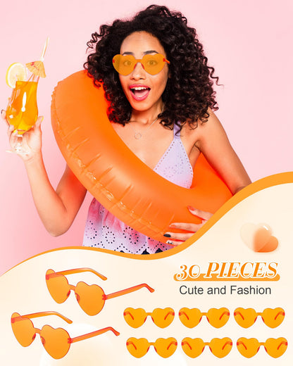 Flutesan 30 Pairs Heart Shaped Sunglasses Bulk Spider Halloween Party Rimless Heart Sunglasses Candy Color for Women Men(Orange Color)