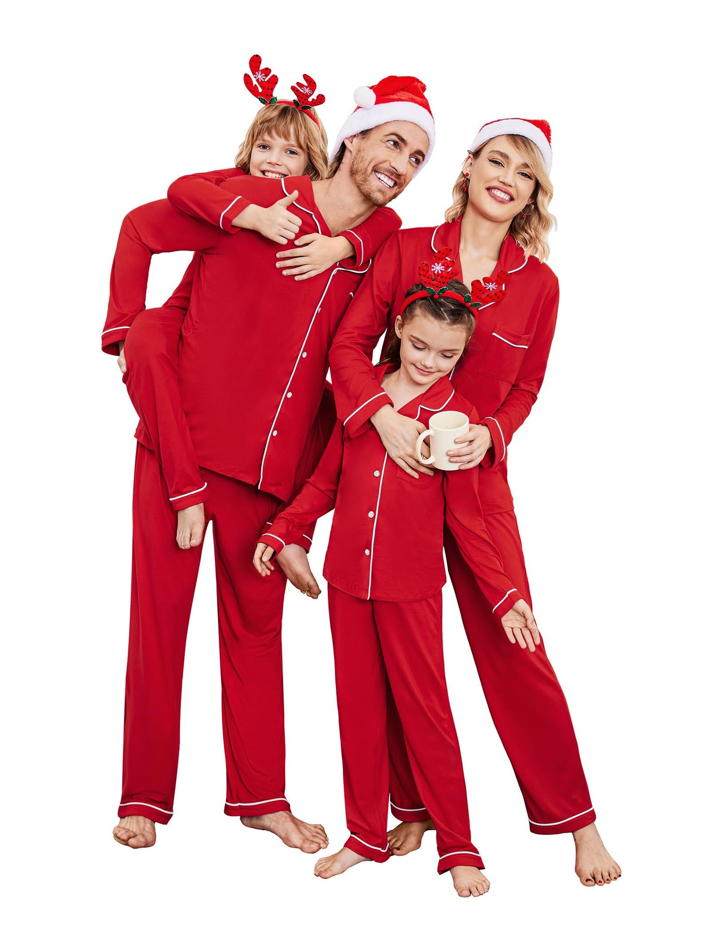 Ekouaer Christmas Family Matching Pajamas Long Sleeve Button Down Pj Set Festival Party Sleepwear,Red,Women,M
