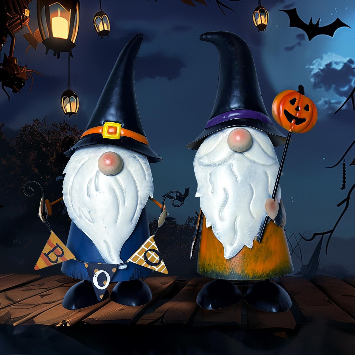 HONGLAND Halloween Gnomes Yard Art - Metal Gnome Statue Garden Decor- 3D Spring Gnome Halloween Decorations - Ghost Pumpkin Decor- Thanksgiving for Mom, Lawn Patio Yard Garden Decor