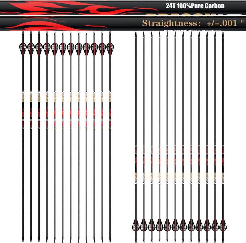 100% Pure Carbon Hunting Arrows - Olympic-Grade 10 Spine Deflection | 0.001"/0.003"/0.006" Straightness, Ideal for Compound & Recurve Bows (12/24PCS)