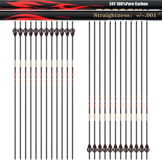 100% Pure Carbon Hunting Arrows - Olympic-Grade 10 Spine Deflection | 0.001"/0.003"/0.006" Straightness, Ideal for Compound & Recurve Bows (12/24PCS)