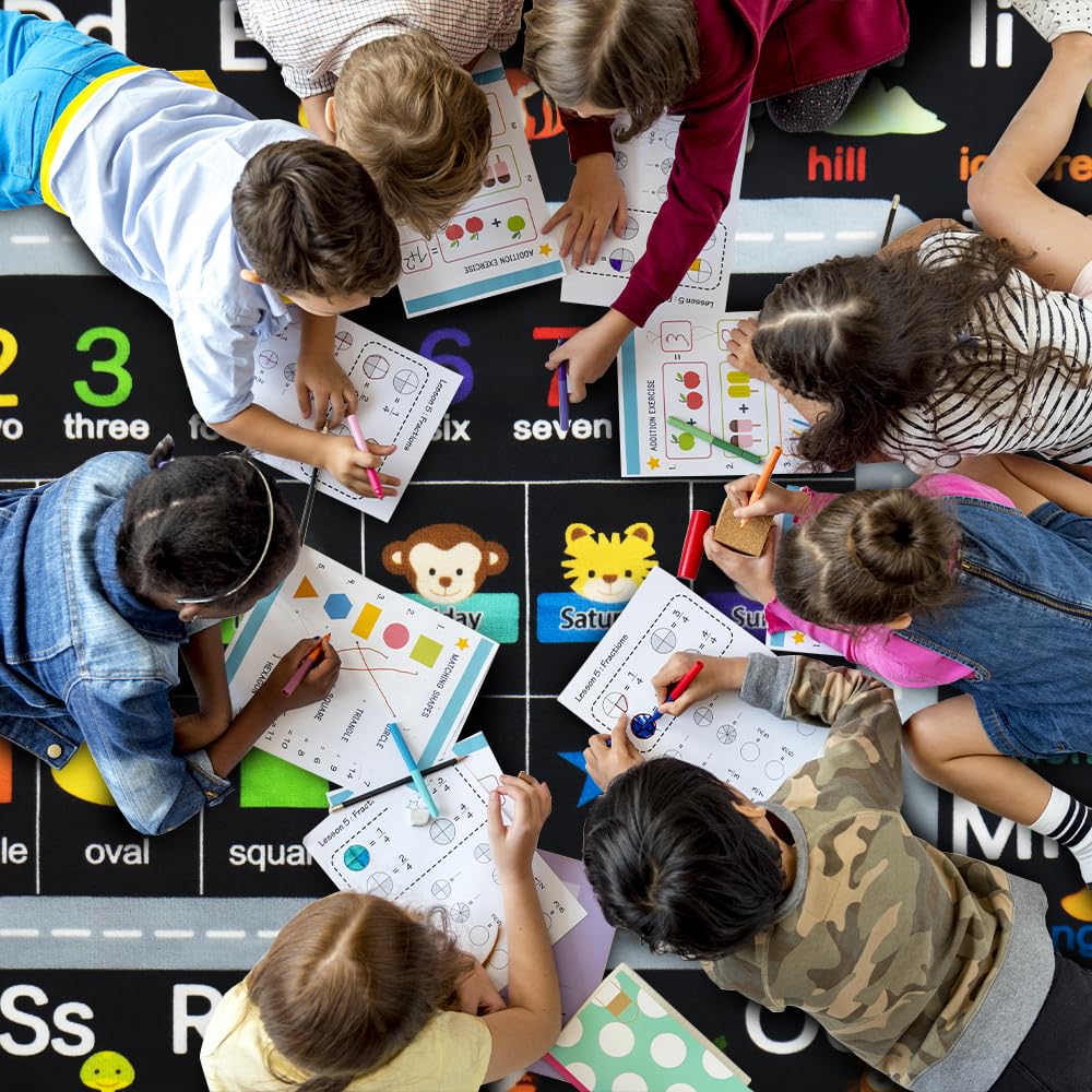 AlaTyche Classroom Rugs for Preschool, Daycare Rug for Classroom,Large Classroom Rug Elementary,Learning Alphabet Educational Rugs for Kids Playroom, Nursery(6'7''x8'7'', Black)