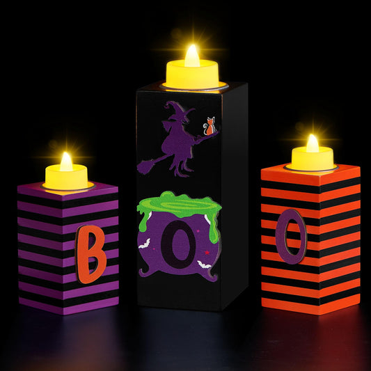 BlcTec Halloween Decorations, 3 PCS Halloween Wood Candle Holders with LED Tea Lights & 3D Carving Craft, Boo Wood Candle Centerpieces for Home, Table, Office, Tiered Tray, Shelf Décor, Witch Color