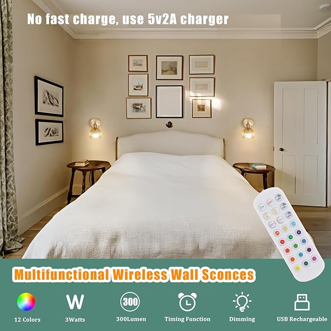 Vintage 5000 mAh Battery Operated Wall Sconce with Yellow Clear Tulip Gradient Glass Lampshade Rechargeable Battery Powered Wall Light with Remote Control for Bedroom, Set of 2