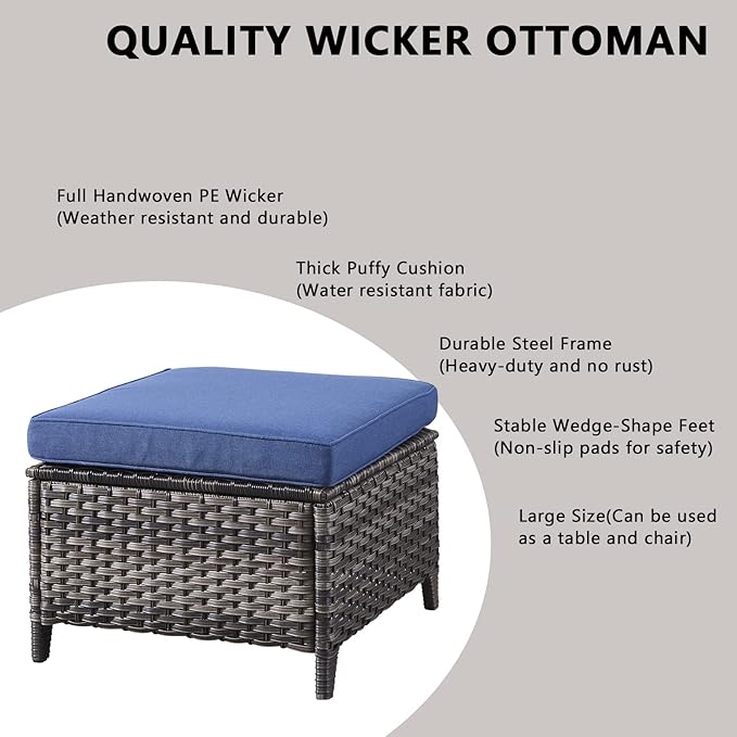 Rilyson Wicker Patio Furniture Set - 5 Piece Rattan Outdoor Sectional Conversation Sets with 2 Swivel Rocking Chairs,2 Ottomans and 1 Side Table for Porch Deck Garden(Mixed Grey/Blue)