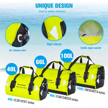 Wild Heart Waterproof Travel Bag PVC500D Double Base with Rope Strap and Inner Pocket 40L 66L 100L, Bright Green, 66L, Waterproof Travel Bag
