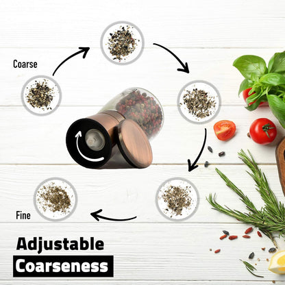 Premium Salt and Pepper Grinder Set w/Bamboo Holder - 6 oz, Copper Stainless Steel - S&P Spice Shakers - Refillable & Adjustable Coarseness Hand Mill for Spices & Seasonings - by PJC-Kitchen