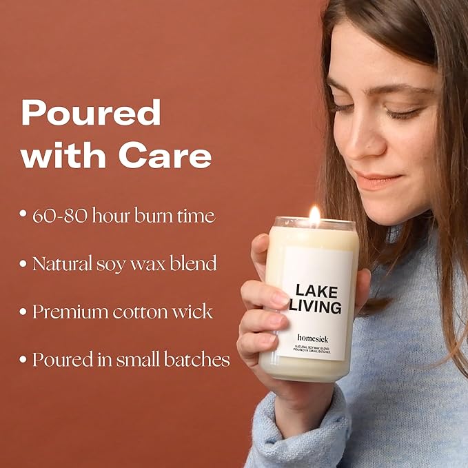 Homesick Scented Candles for Home (Lake Living) - 13.75 oz Long-Lasting Soy Wax Blend Jar Candle Gifts for Women & Men, 60-80 Hours Burn Time - Notes of Fresh Mineral Springs, Water Lotus & Pine