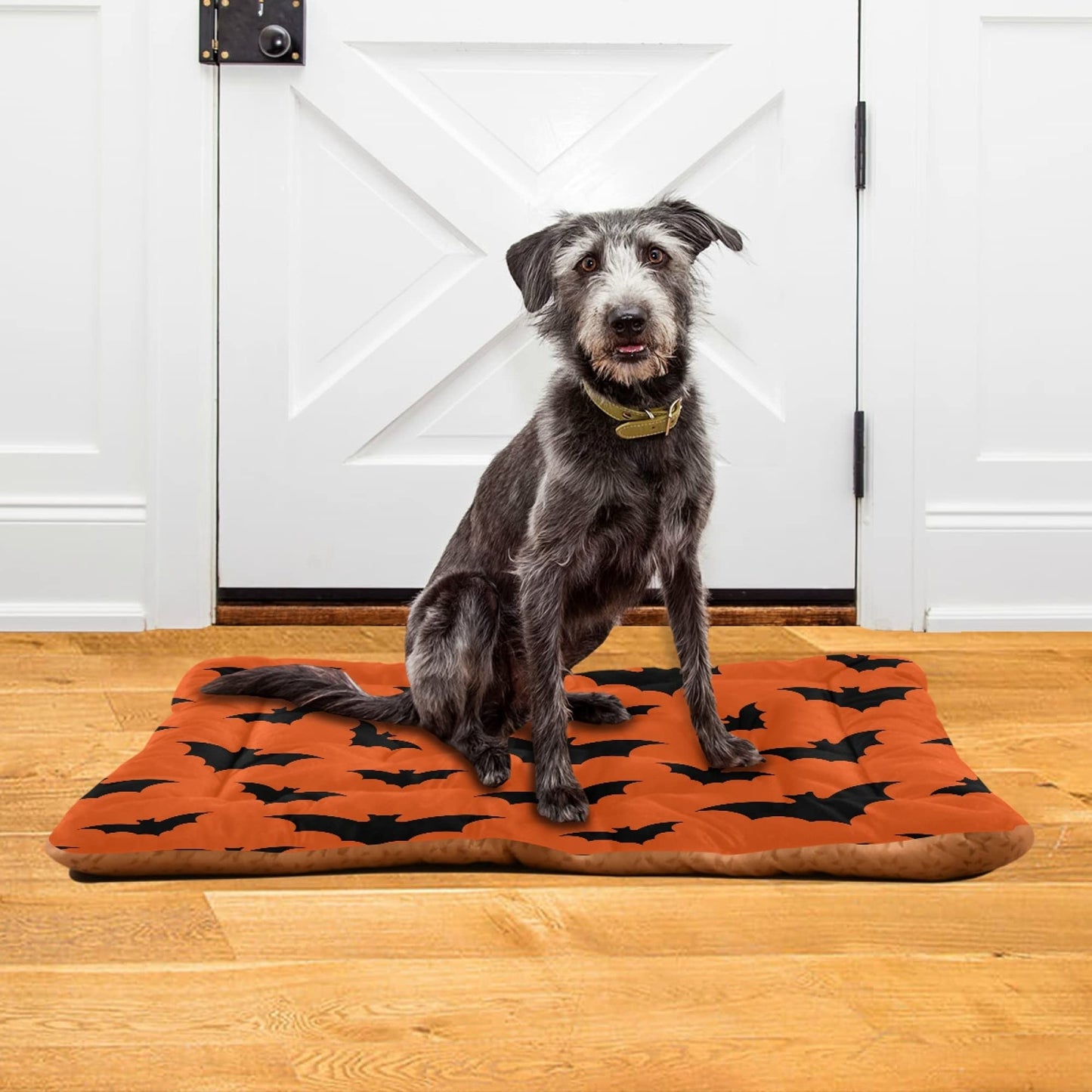 Mazeann Happy Halloween Dog Bed Mat for Large Dog Puppy Cat Kitten, Halloween Bats Pattern Ultra Soft Pet Bed Mattress for Crate with Anti-Slip Washable, Orange, 24 x 36 Inches