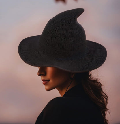 Bestjybt Women Halloween Witch Hat Wool Knitted Cap for Party Masquerade Cosplay Costume Accessory Daily (Black)