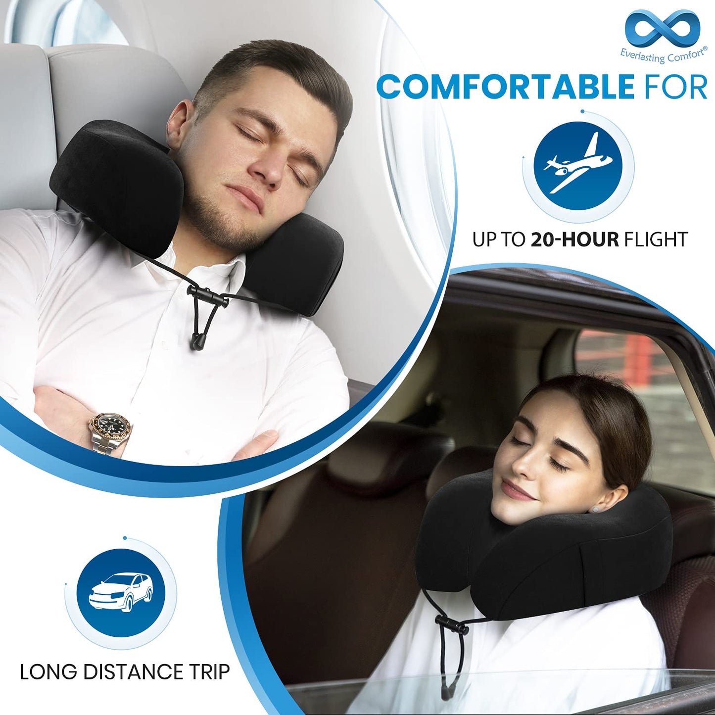 Everlasting Comfort Memory Foam Travel Pillow - Airplane Neck Pillow for Travel with Earplugs, Eye Mask & Carry Bag - Neck Support Cushion for Plane, Car & Train - Black