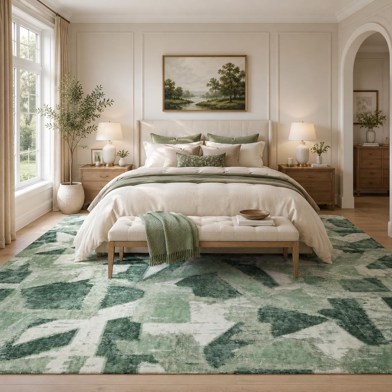 8X10 Area Rugs for Living Room Bedroom,Modern Abstract Large Carpet Green Rug 8x10 for Dining Room Office,Non Slip Washable Print Faux Wool Thin 8 by 10 Indoor Nursery Kids Home Pet & Child Friendly
