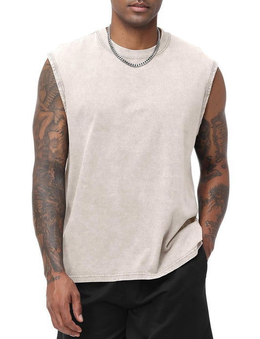 Eisctnd Men's Tank Tops Sleeveless Muscle Shirts, Cotton Acid Wash Loose Fit Workout Tanks Tees for Running Beach(Apricot-S)