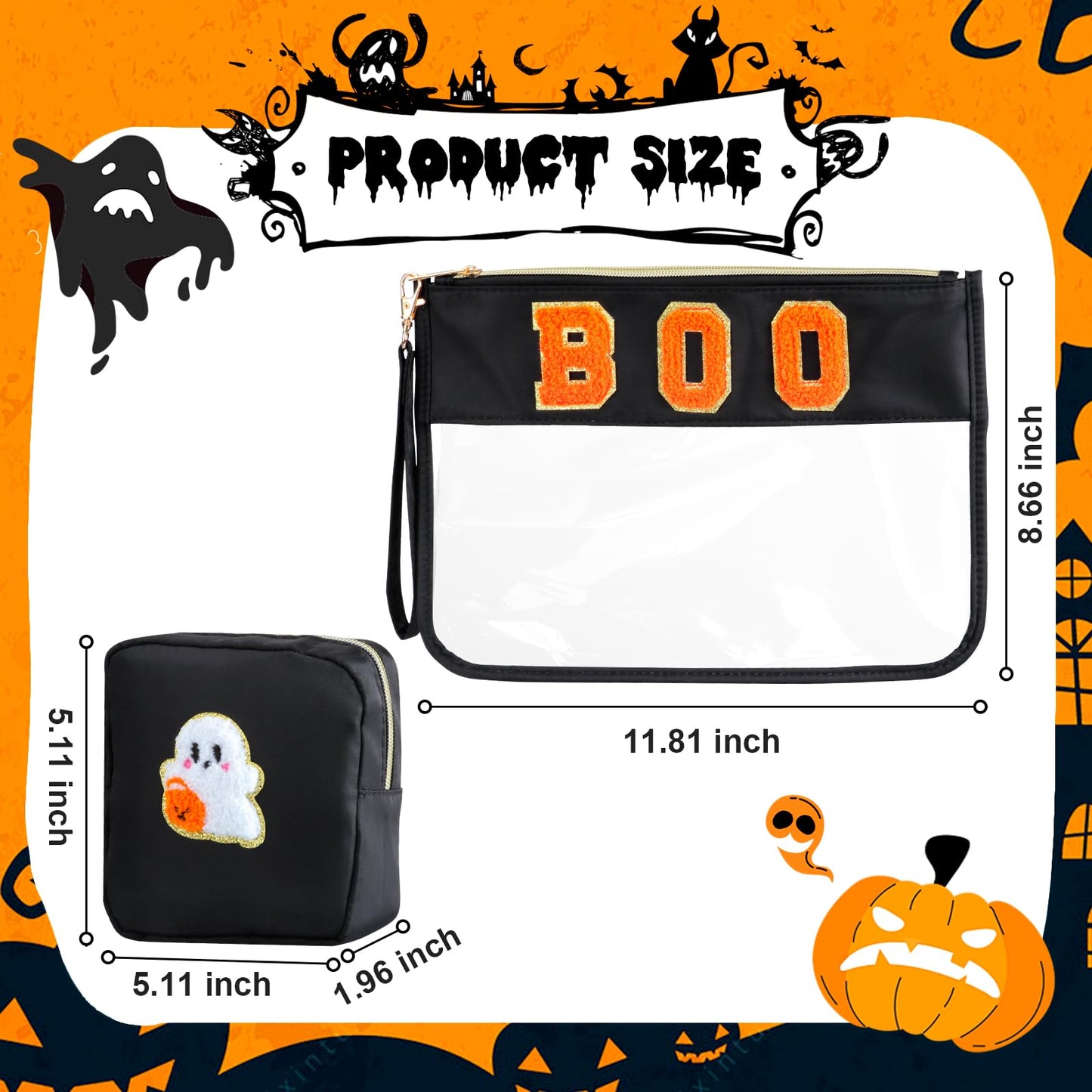 BuyCard 2 Pcs Halloween Gifts Cosmetic Makeup Bag with Boo Chenille Letter Patch, Clear Pouch PVC Organizer Purse, Waterproof Travel Bag, Portable Toiletry Storage Bag for Her Girls Friends Women