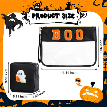BuyCard 2 Pcs Halloween Gifts Cosmetic Makeup Bag with Boo Chenille Letter Patch, Clear Pouch PVC Organizer Purse, Waterproof Travel Bag, Portable Toiletry Storage Bag for Her Girls Friends Women